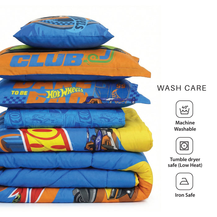 Hot Wheels Official Kids Bedding Set – 5 Piece Comforter Set Cozy & Colorful Cartoon Character with Matching Pillowcases & Bedsheet