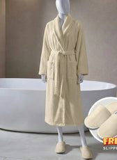 Premium Cotton Cream Terry Bathrobe with Pockets, One Size Fits All with Free Bath Slippers