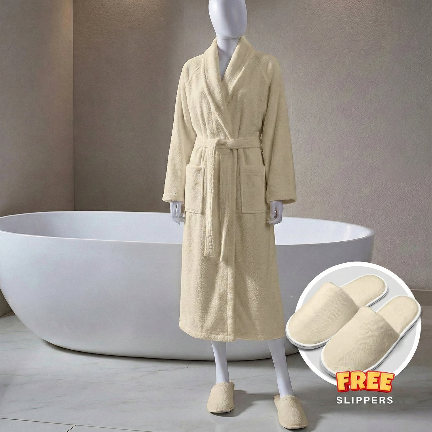 Premium Cotton Cream Terry Bathrobe with Pockets, One Size Fits All with Free Bath Slippers