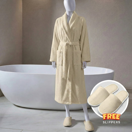 Premium Cotton Cream Terry Bathrobe with Pockets, One Size Fits All with Free Bath Slippers