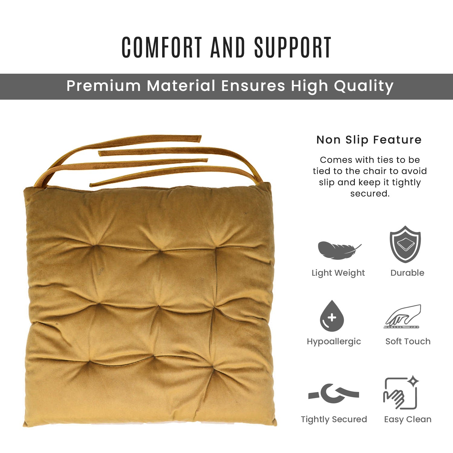 Velvet Slip Free Tufted  Chair Cushion Khaki 40x40cm - Pack of 2 - Cotton Home