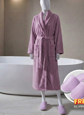 Premium Cotton Lavender Terry Bathrobe with Pockets, One Size Fits All with Free Bath Slippers