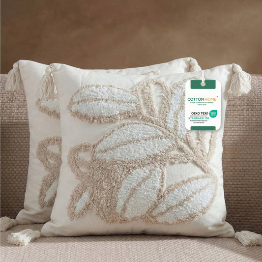 Boho Handcrafted Throw Pillow 45x45cm Filled Cushion with Leaves Design Pack of 2