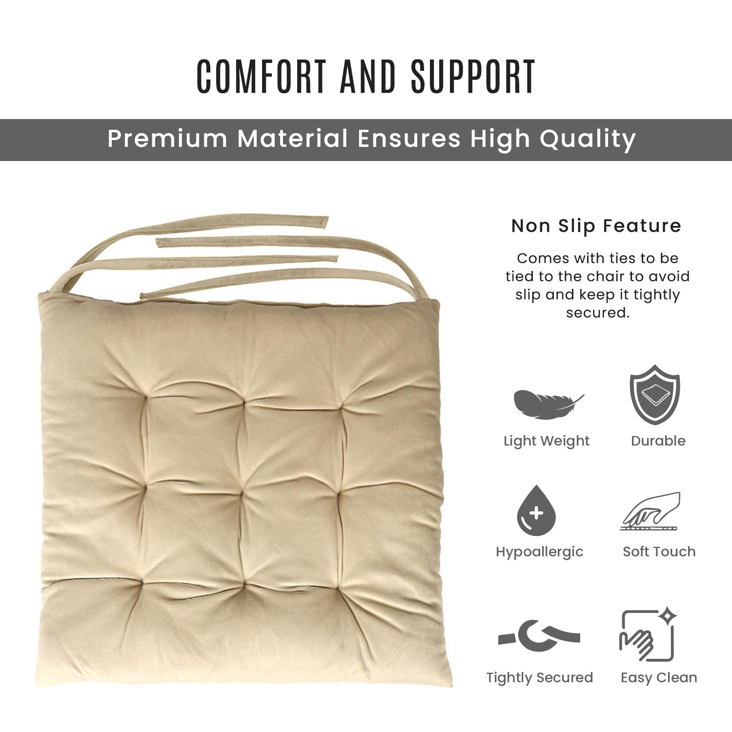 Velvet Slip Free Tufted  Chair Cushion Light Beige 40x40cm - Pack of 4 - Cotton Home