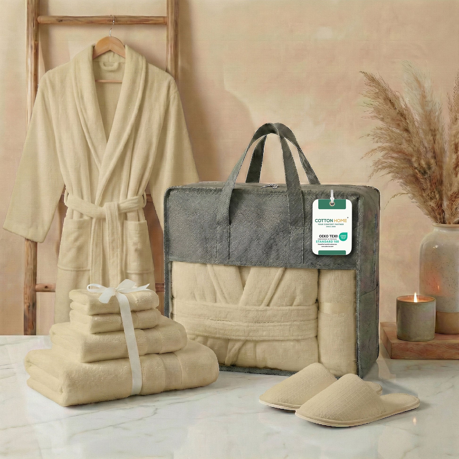 Luxury 7PC Egyptian Cotton Bath Bundle Set Linen – Bathrobe, Towels, Slippers