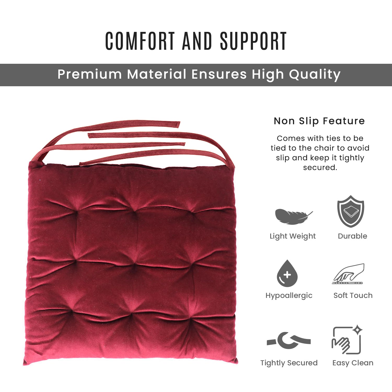 Velvet Slip Free Tufted  Chair Cushion Maroon 40x40cm - Cotton Home