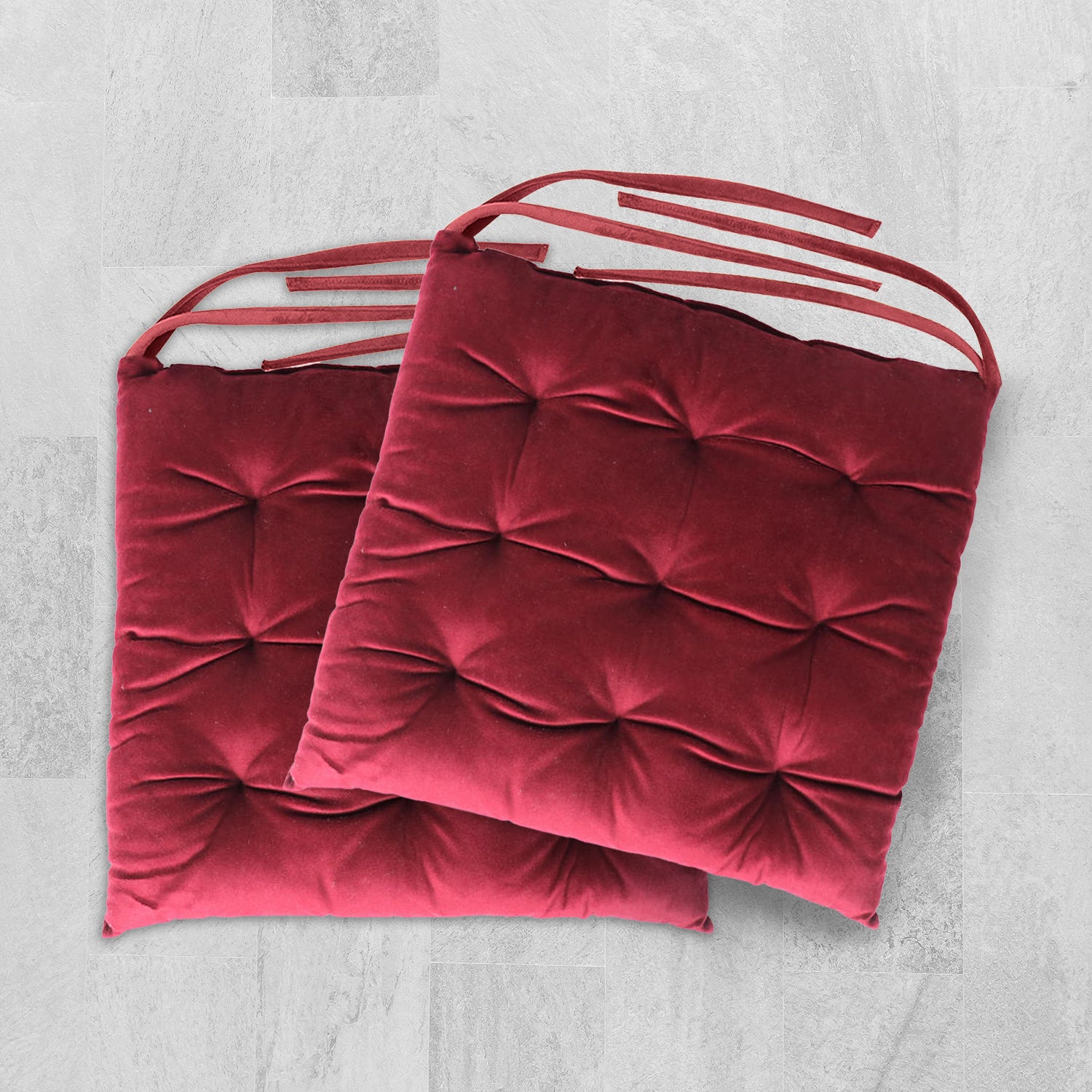 Velvet Slip Free Tufted  Chair Cushion Maroon 40x40cm - Pack of 2 - Cotton Home