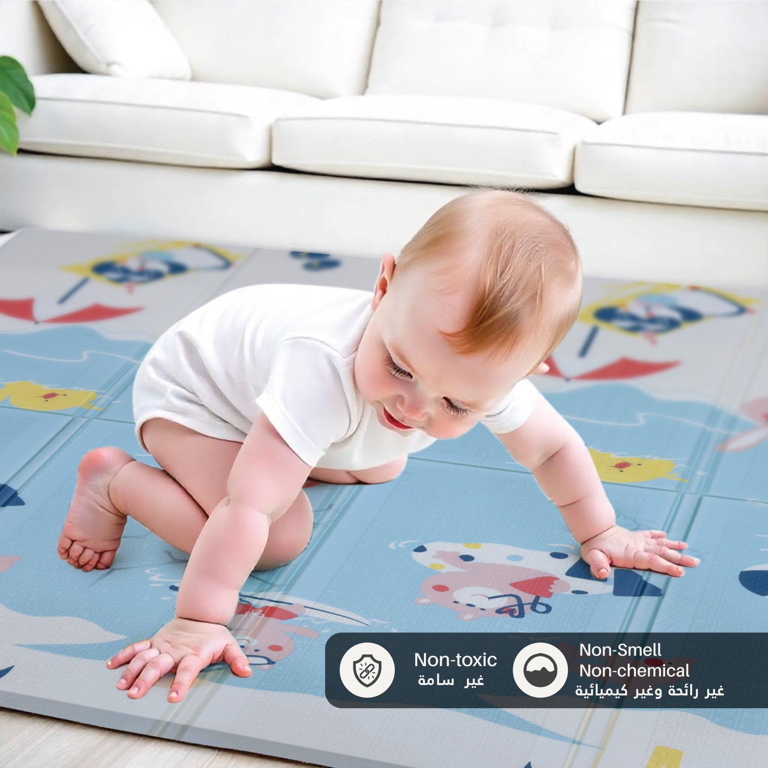 Baby Crawling Mat 200x180CM Large Reversible Waterproof, Non-Slip Play Mat with Beach Design