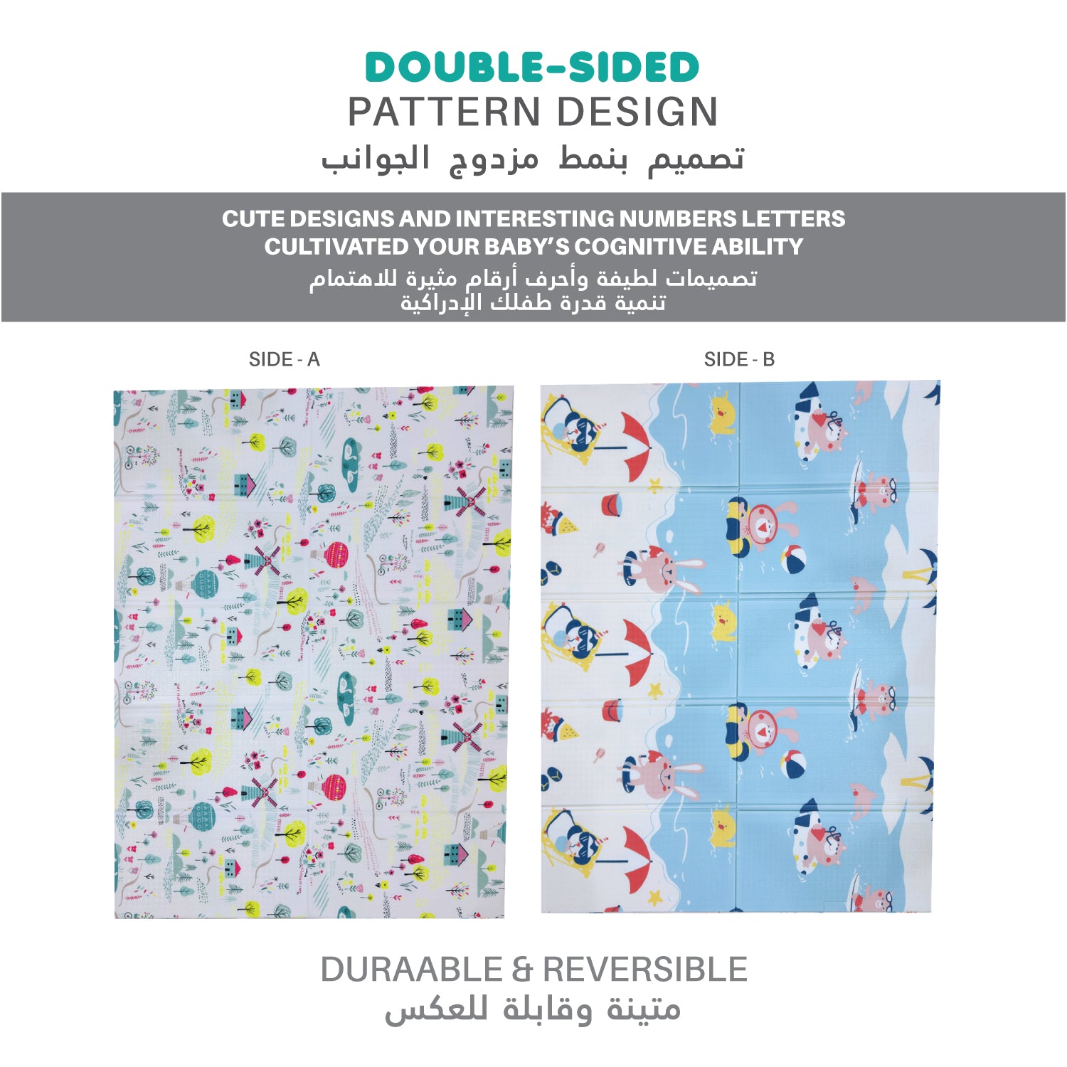 Baby Crawling Mat 200x180CM Large Reversible Waterproof, Non-Slip Play Mat with Beach Design