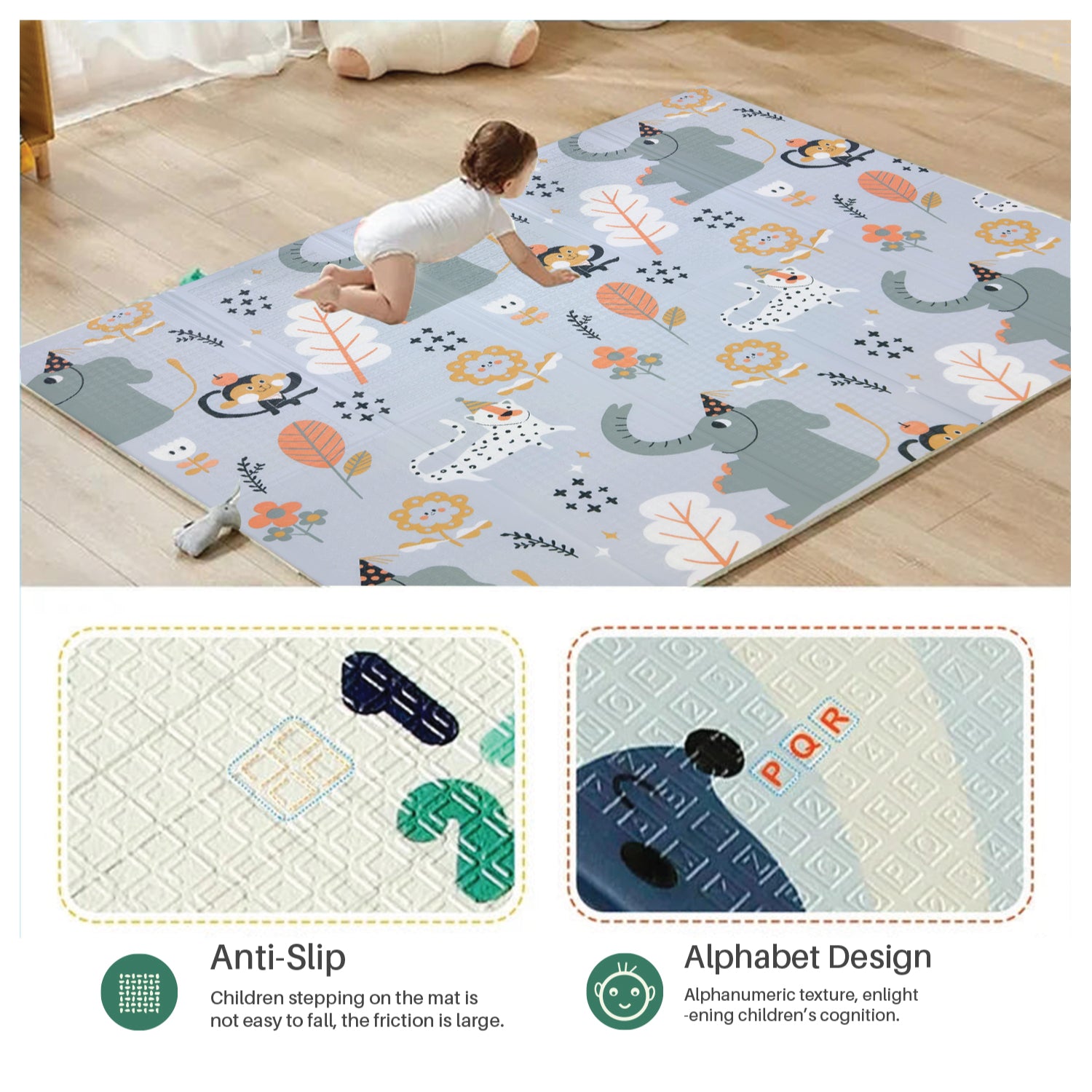 Baby Crawling Mat 200x180CM Large Reversible Waterproof, Non-Slip Play Mat with Elephant Design