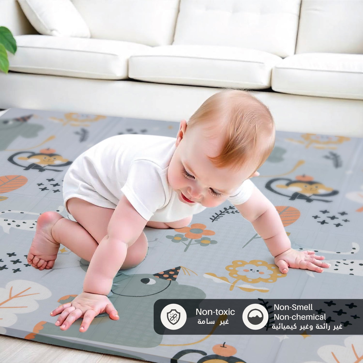 Baby Crawling Mat 200x180CM Large Reversible Waterproof, Non-Slip Play Mat with Elephant Design