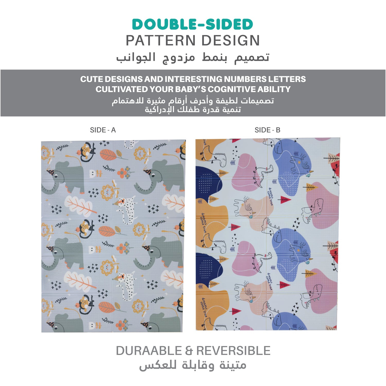 Baby Crawling Mat 200x180CM Large Reversible Waterproof, Non-Slip Play Mat with Elephant Design