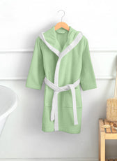 Polar Bear Embroidered Kids Bathrobe with Hood and Tie Up Belt - Mint - Cotton Home