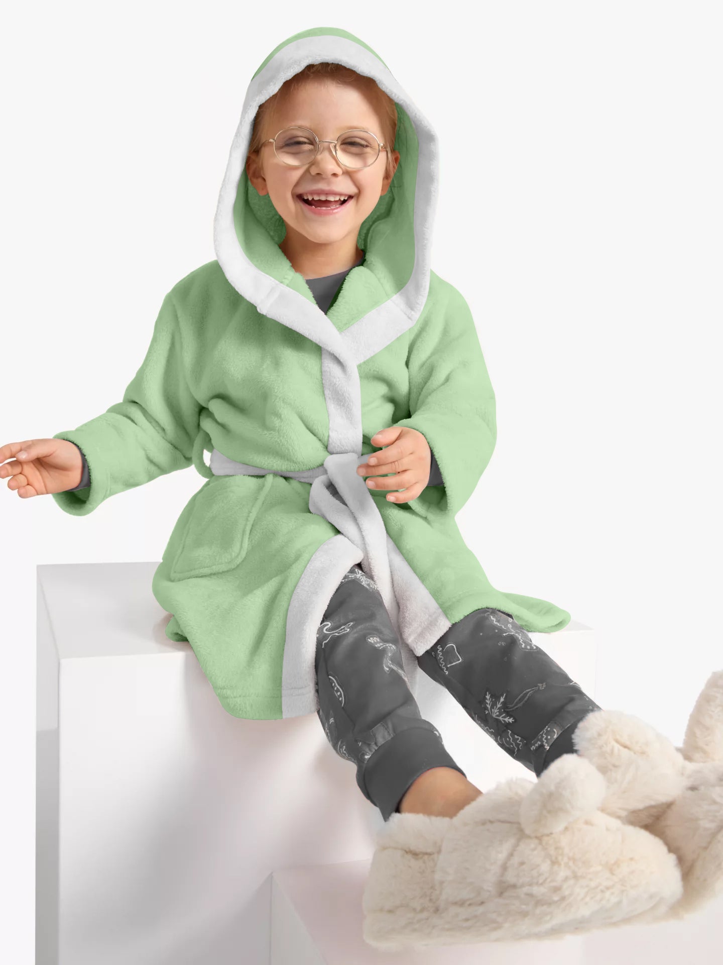 Polar Bear Embroidered Kids Bathrobe with Hood and Tie Up Belt - Mint - Cotton Home