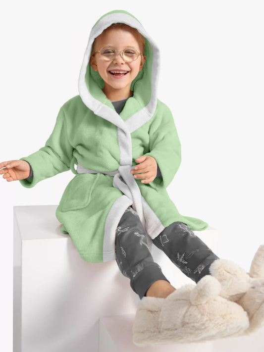 Polar Bear Embroidered Kids Bathrobe with Hood and Tie Up Belt - Mint - Cotton Home