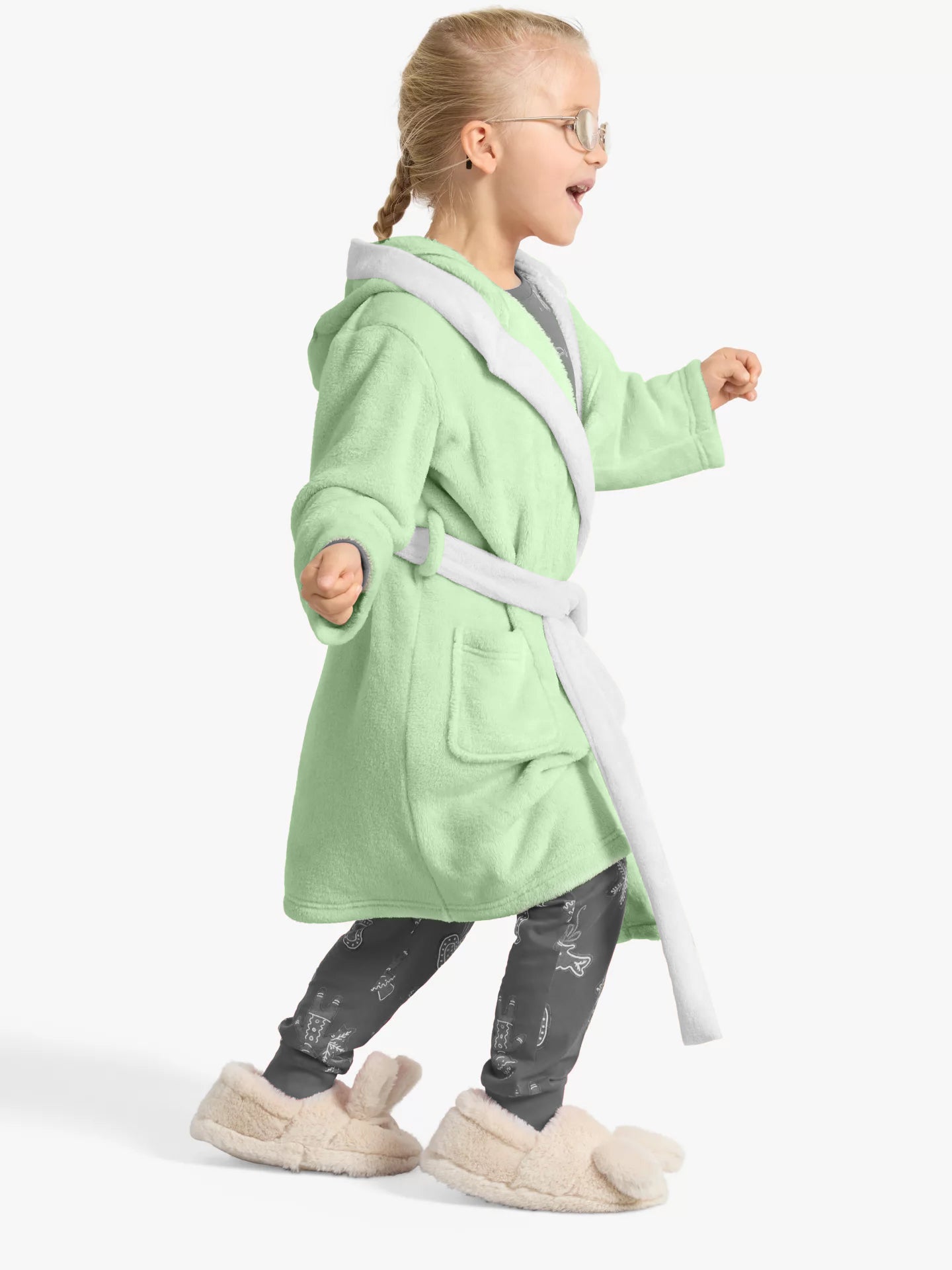 Polar Bear Embroidered Kids Bathrobe with Hood and Tie Up Belt - Mint - Cotton Home