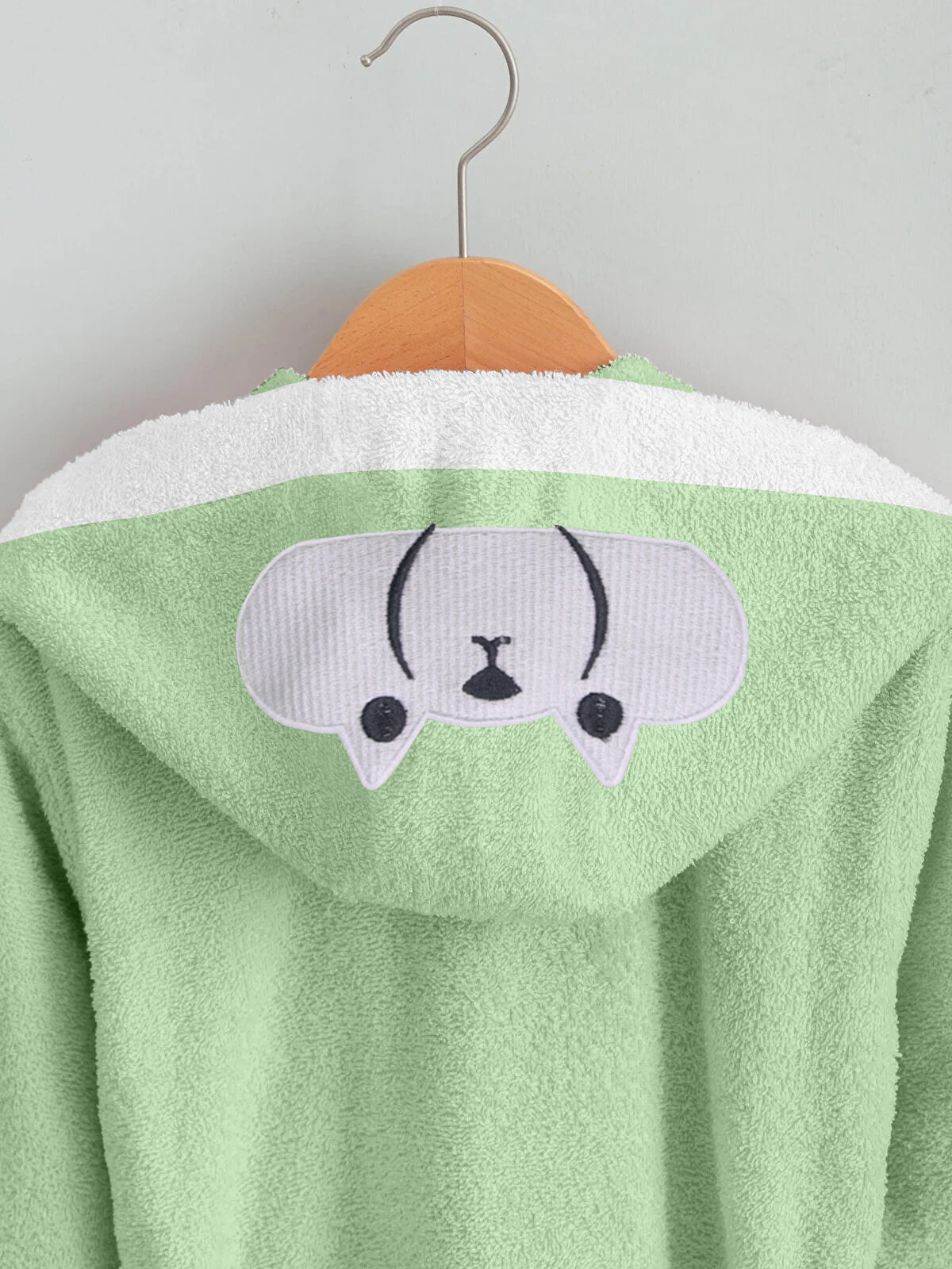 Polar Bear Embroidered Kids Bathrobe with Hood and Tie Up Belt - Mint - Cotton Home