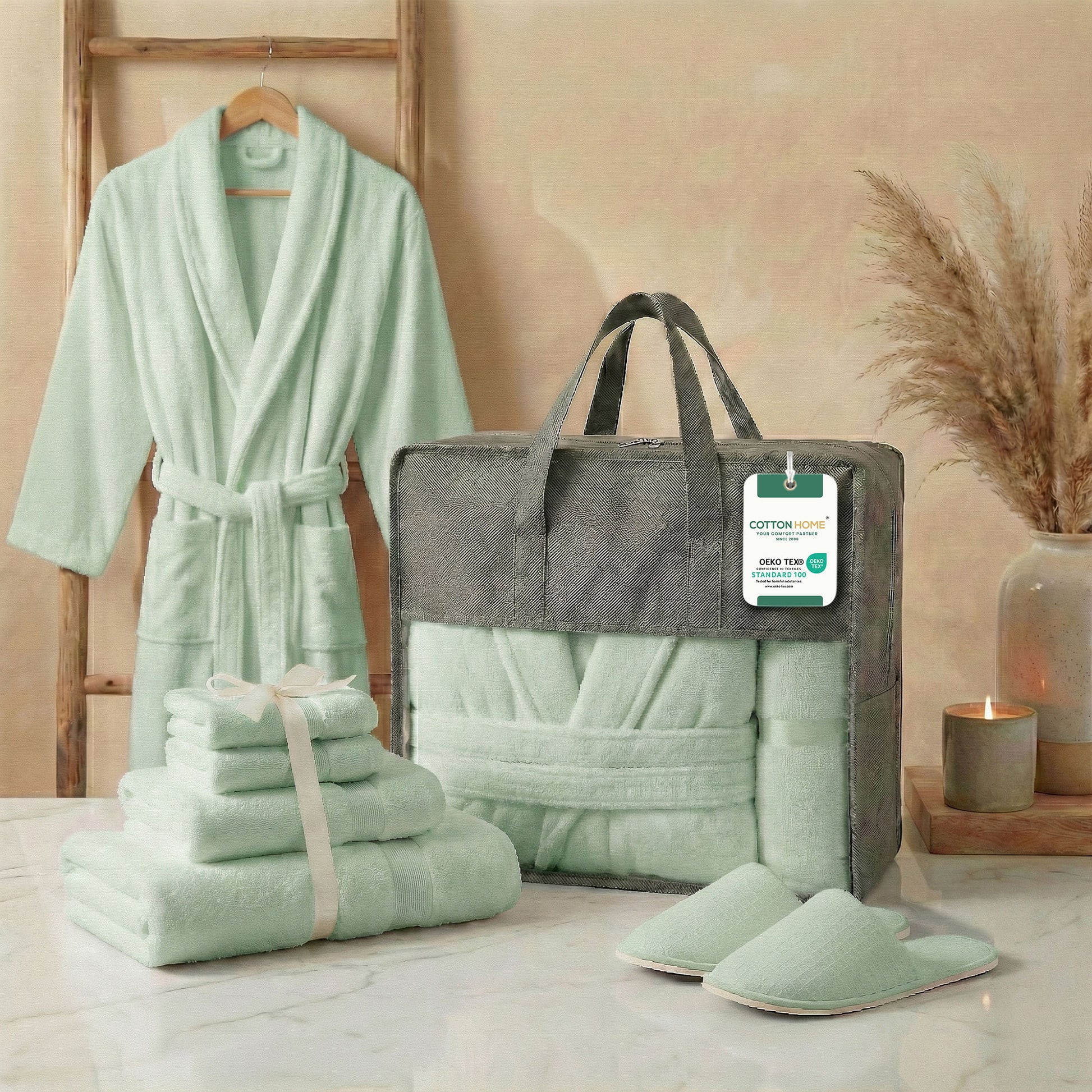 Luxury 7PC Egyptian Cotton Bath Bundle Set Mint Green – Bathrobe, Towels, Slippers