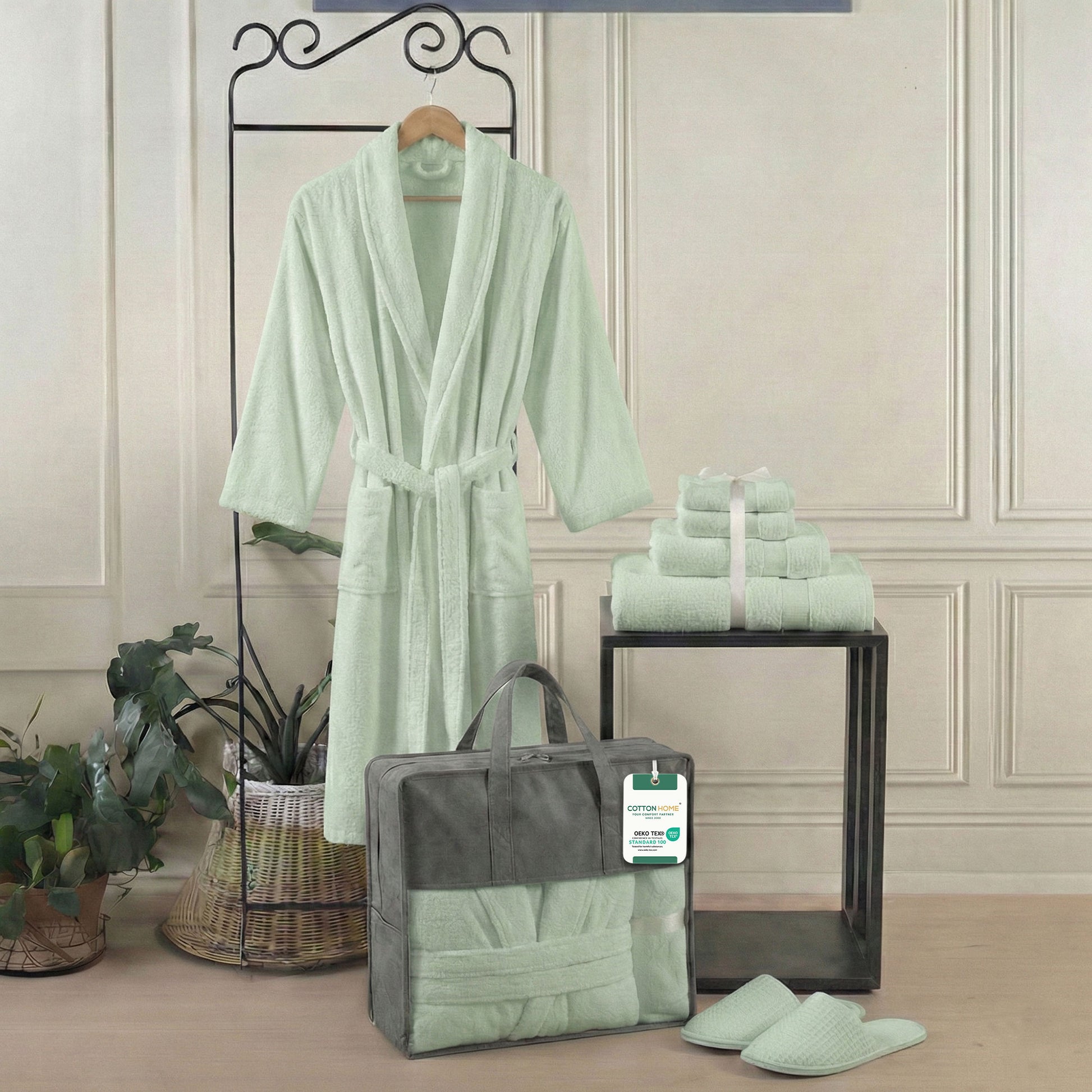 Luxury 7PC Egyptian Cotton Bath Bundle Set Mint Green – Bathrobe, Towels, Slippers