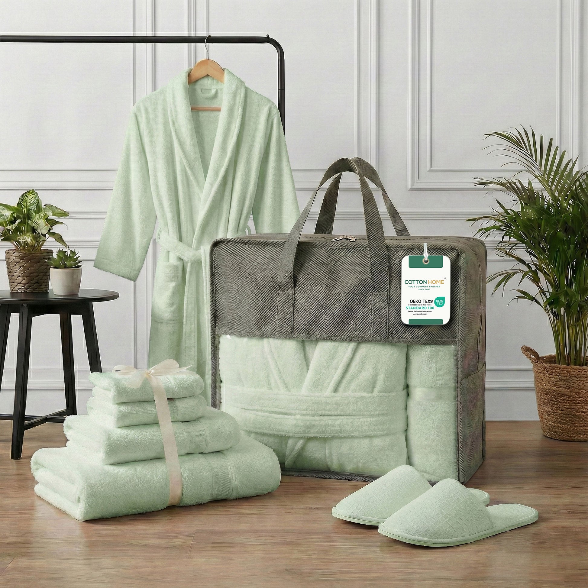 Luxury 7PC Egyptian Cotton Bath Bundle Set Mint Green – Bathrobe, Towels, Slippers