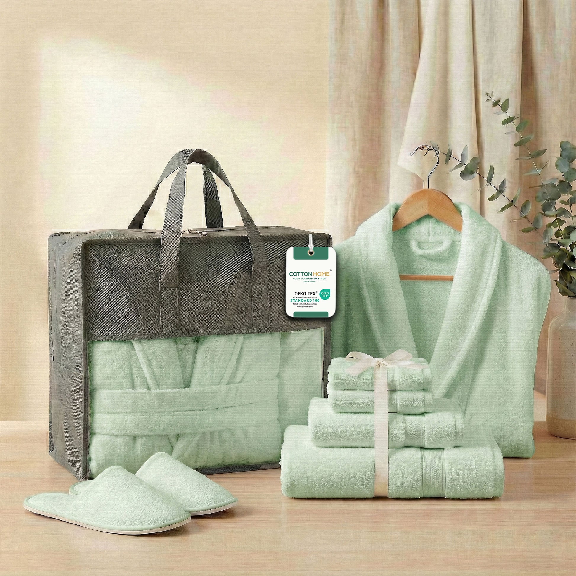 Luxury 7PC Egyptian Cotton Bath Bundle Set Mint Green – Bathrobe, Towels, Slippers