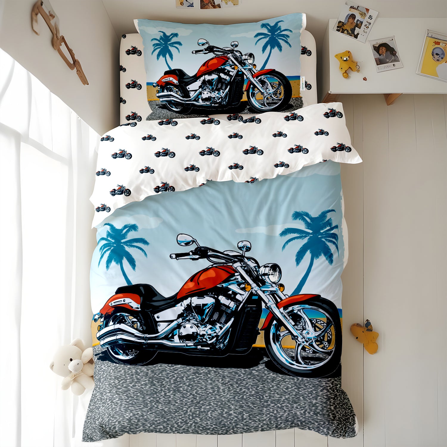 Kids Duvet Cover Set 3 Pcs -  Motorcycle  Print | 135x220cm | Microfiber | Cotton Home - Cotton Home