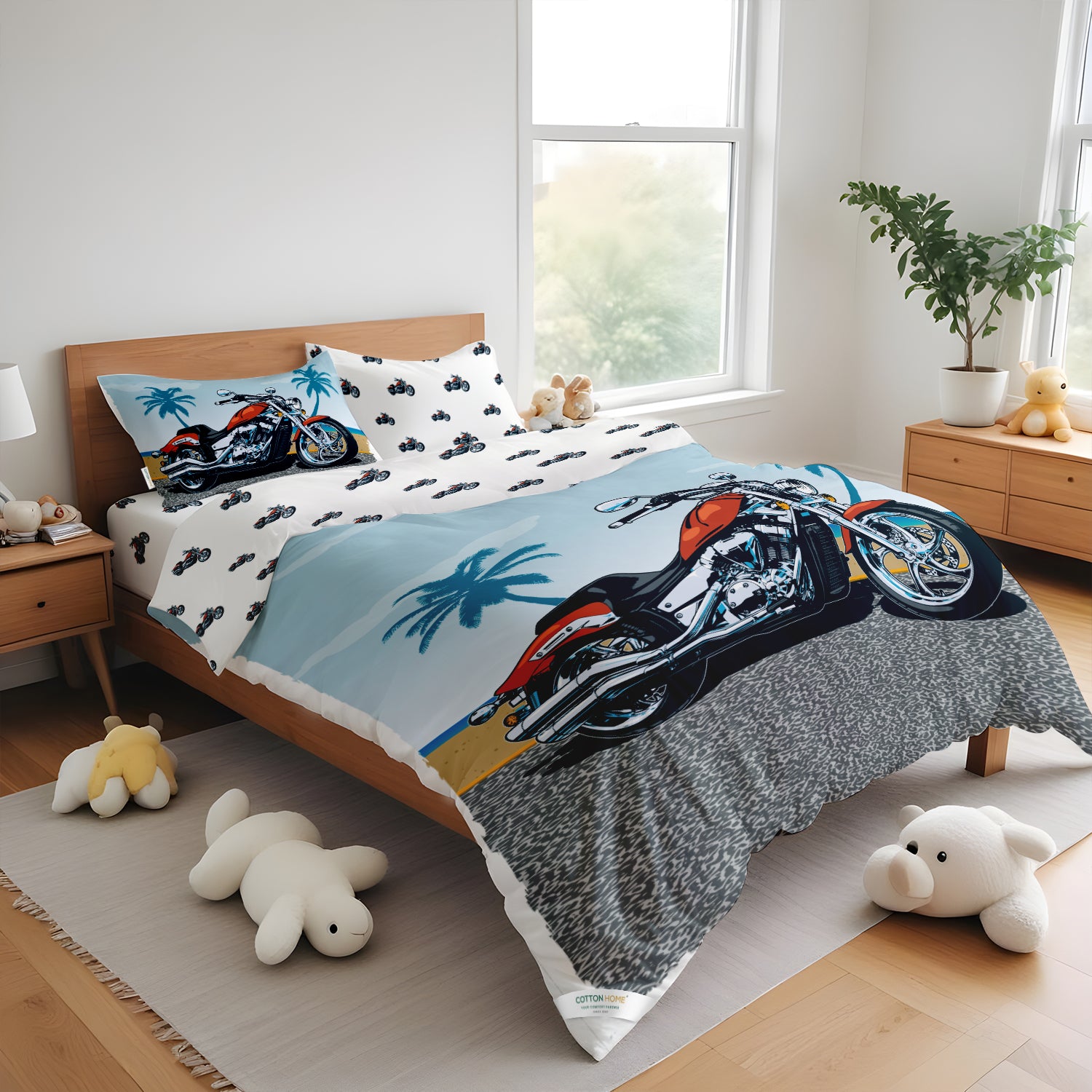Kids Duvet Cover Set - 4 Pc - Motorcycle Print 160x220cm | Cotton Home - Cotton Home