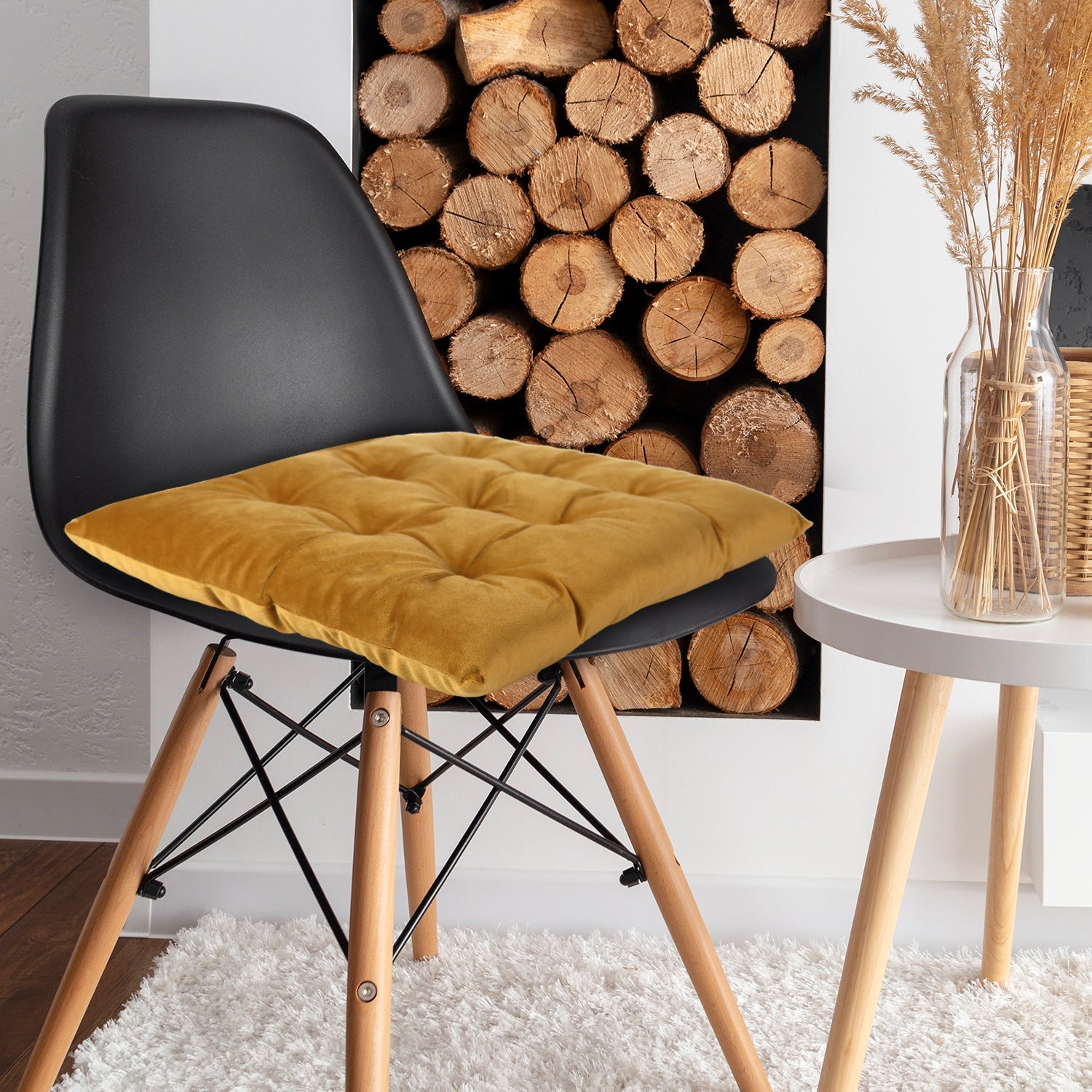 Velvet Slip Free Tufted  Chair Cushion Mustard 40x40cm - Pack of 2 - Cotton Home