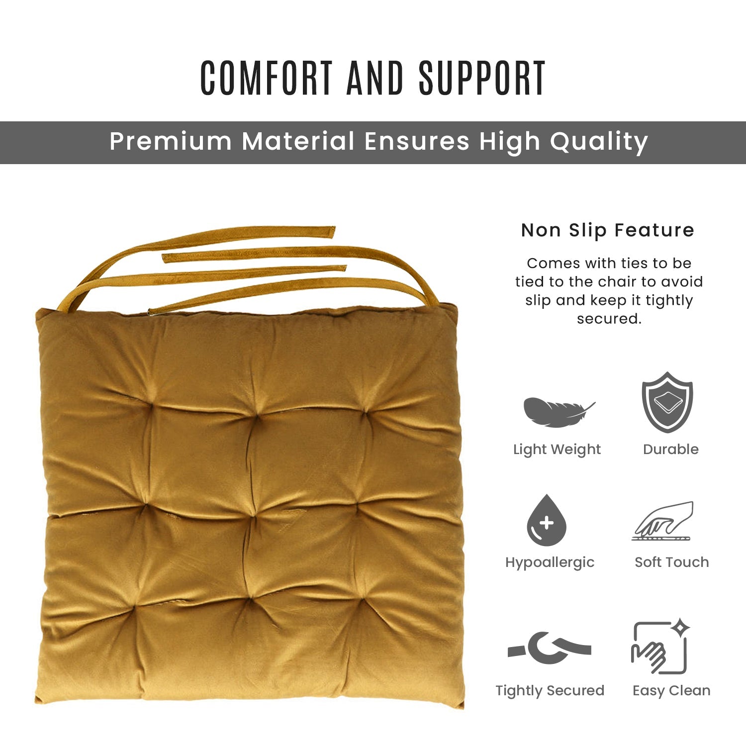 Velvet Slip Free Tufted  Chair Cushion Mustard 40x40cm - Pack of 2 - Cotton Home