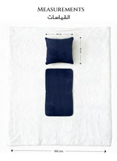 Measurement chart with a navy blue cushion and blanket on a white background

