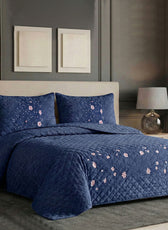 Velvet Quilt Set 3-Piece Diamond Quilted Bedspread Set 220×240cm with two pillow case Navy Blue