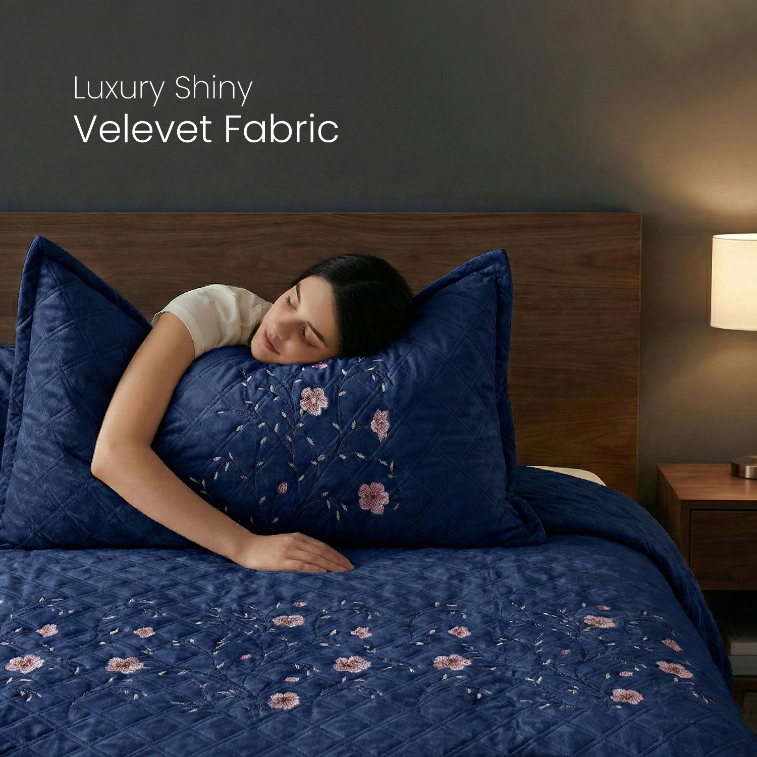 Velvet Quilt Set 3-Piece Diamond Quilted Bedspread Set 220×240cm with two pillow case Navy Blue