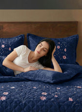 Velvet Quilt Set 3-Piece Diamond Quilted Bedspread Set 220×240cm with two pillow case Navy Blue