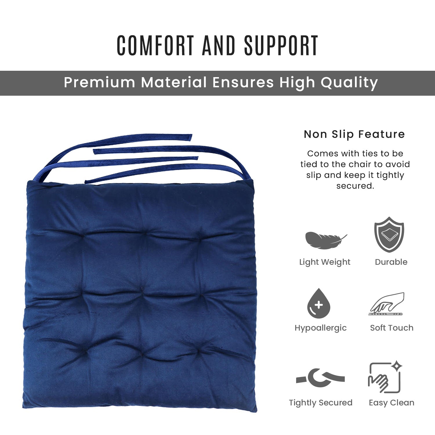 Velvet Slip Free Tufted  Chair Cushion Navy Blue 40x40cm - Pack of 2 - Cotton Home