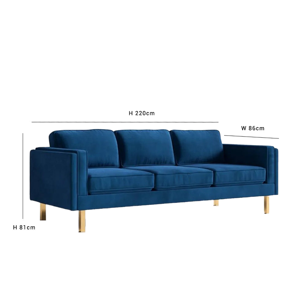 Nebula Navy Velvet 3-Seater Sofa with Square Arms - Luxury Living Room Seating, L220cm x W86cm x H81cm - Cotton Home