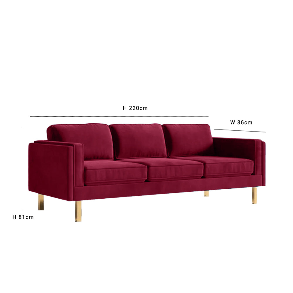 Nebula Maroon Velvet 3-Seater Sofa with Square Arms - Luxury Living Room Seating, L220cm x W86cm x H81cm - Cotton Home