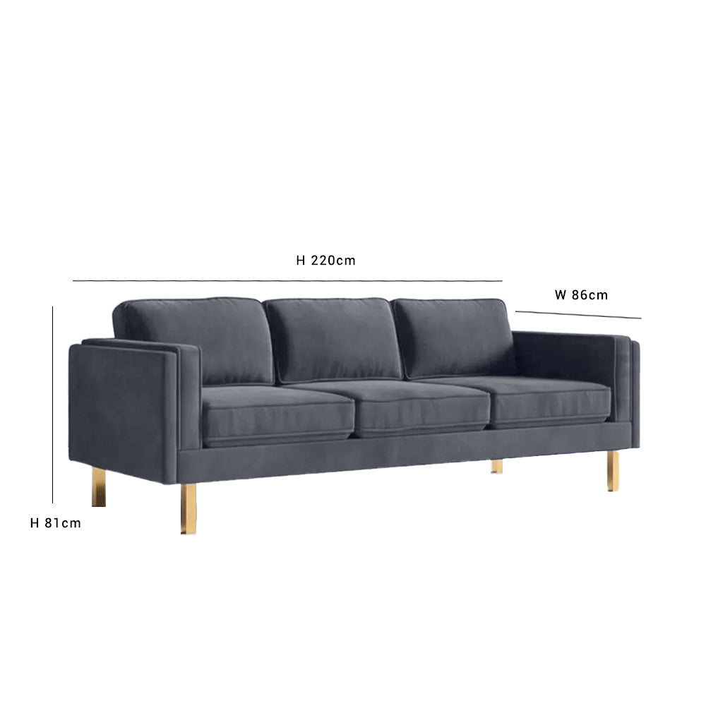 Nebula Grey Velvet 3-Seater Sofa with Square Arms - Luxury Living Room Seating, L220cm x W86cm x H81cm - Cotton Home