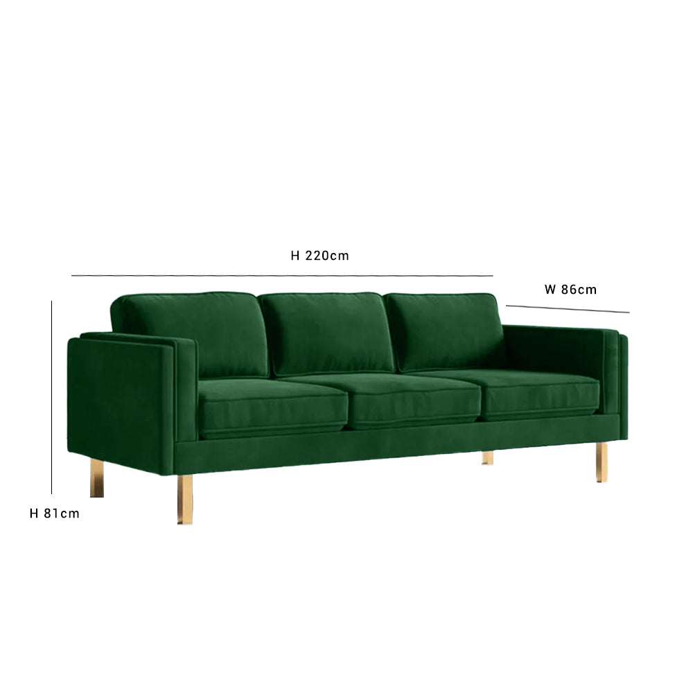 Nebula Green Velvet 3-Seater Sofa with Square Arms - Luxury Living Room Seating, L220cm x W86cm x H81cm - Cotton Home