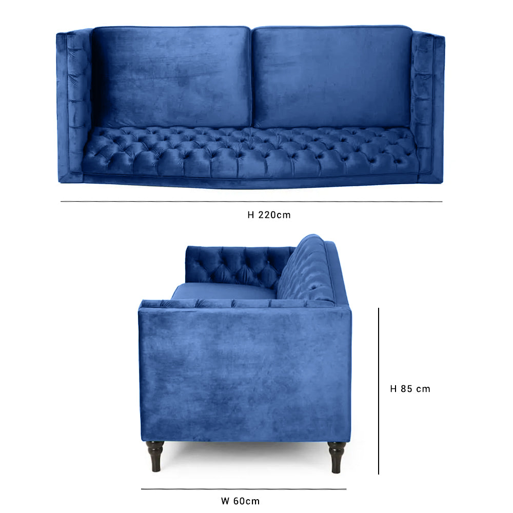 Nova 3-Seater Velvet Sofa with Square Arms – L220cm x W60cm x H85cm, Blue Comfortable & Stylish Sofa for Living Room - Cotton Home