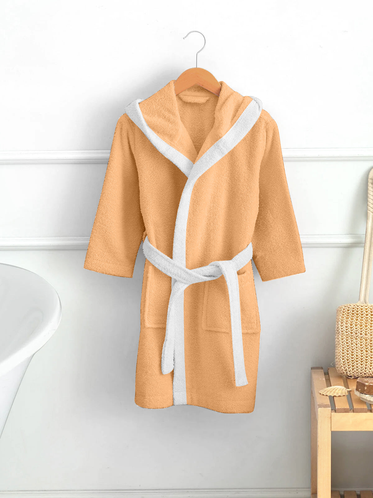 Premium Unisex Peach Bathrobe for Kids Ages 4-14 years with Hood and Tie Up Belt High quality Absorbent - Cotton Home