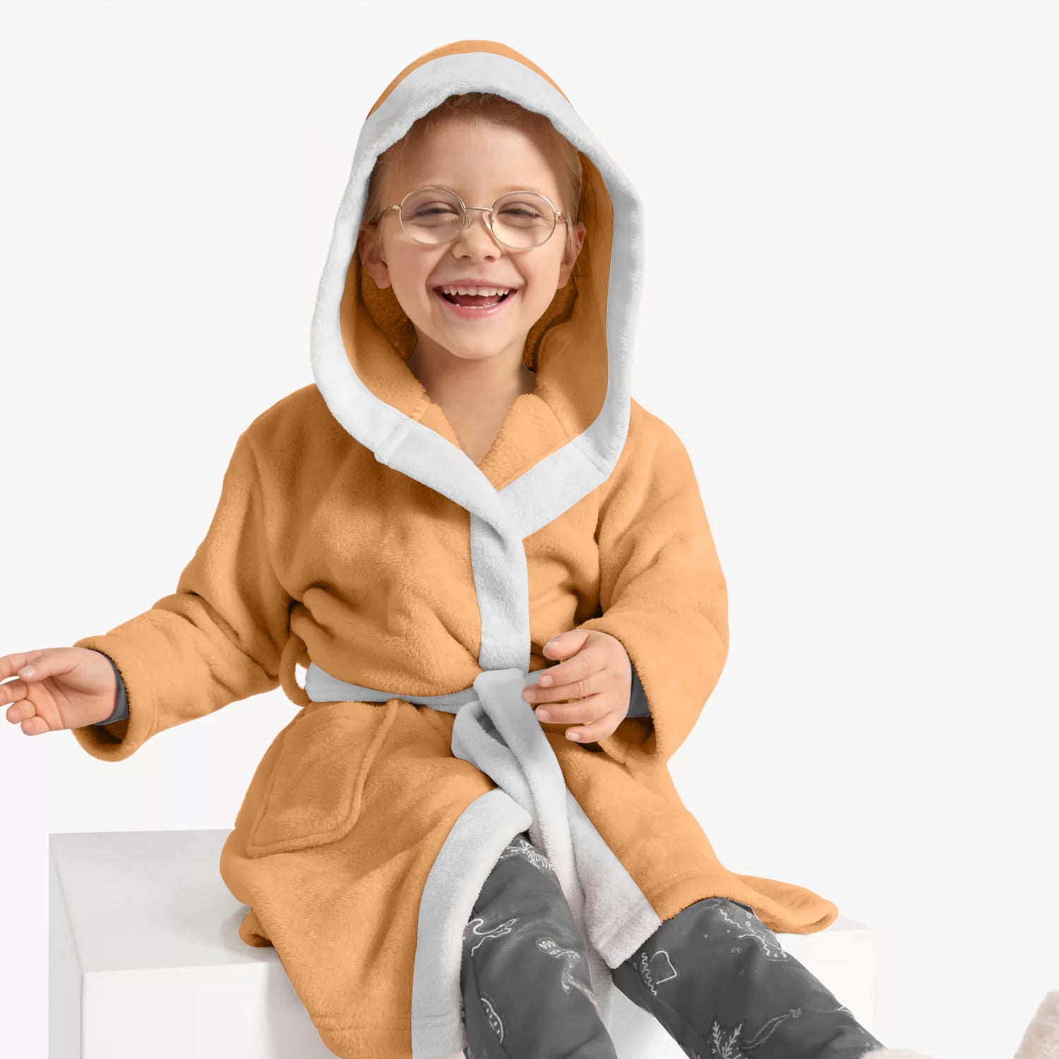 Premium Unisex Peach Bathrobe for Kids Ages 4-14 years with Hood and Tie Up Belt High quality Absorbent - Cotton Home
