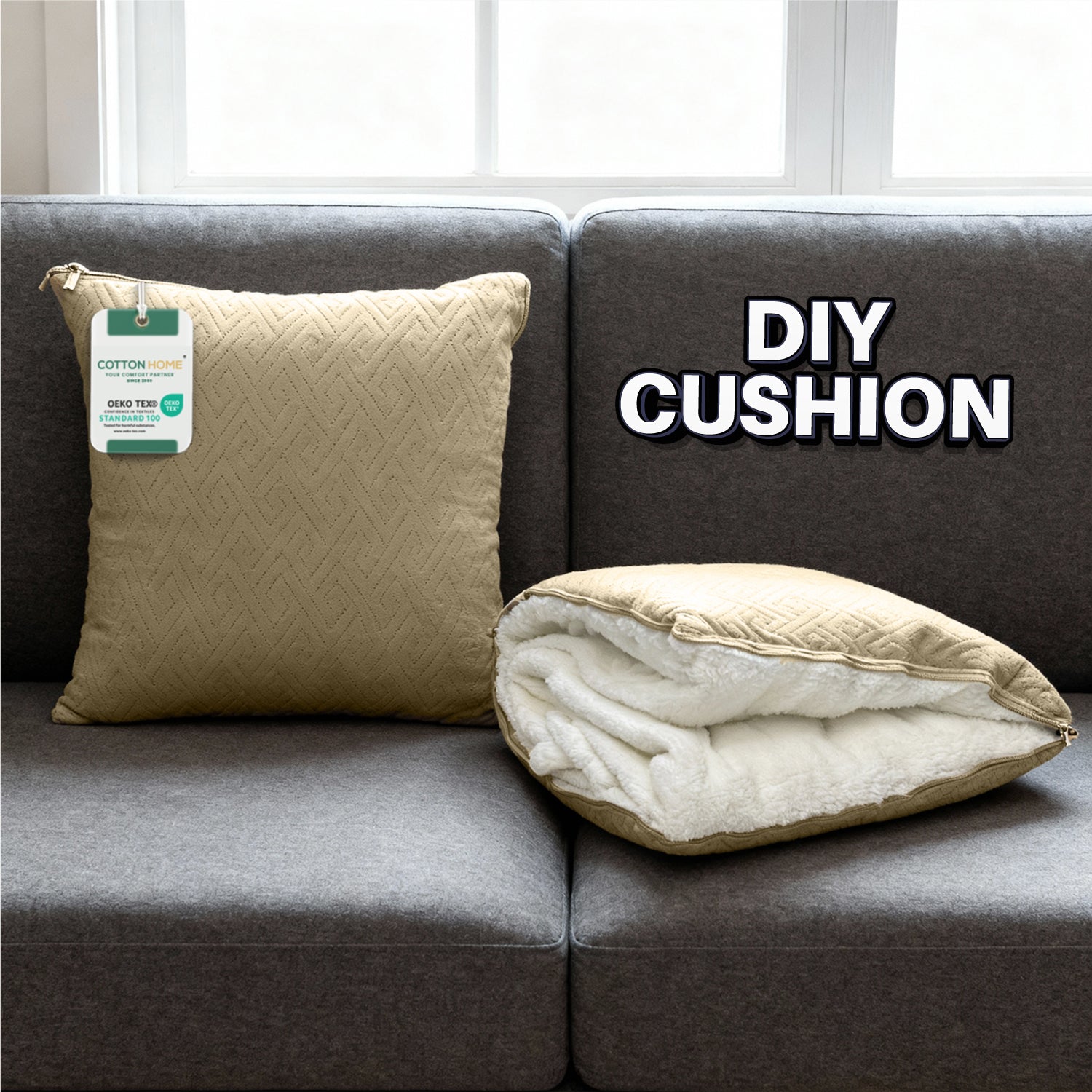 Beige cushion on a gray sofa with 'DIY CUSHION' text