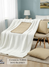 2-in-1 cushion turned into a blanket in a bedroom setting.
