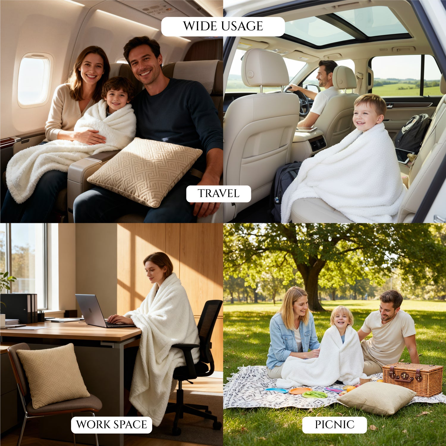 Collage of a family using a blanket in various settings including travel, work space, and picnic.

