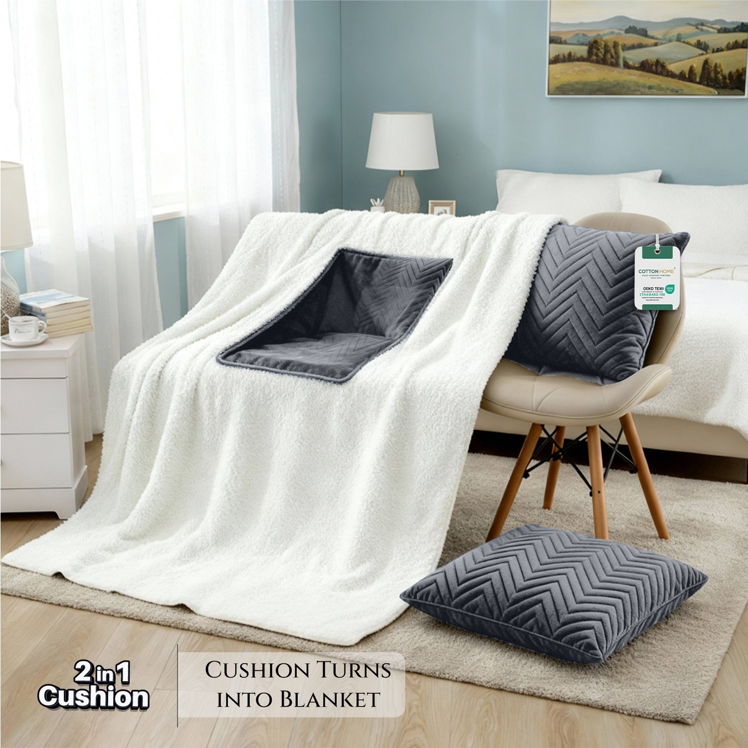 White blanket with gray cushion and pillow on a chair in a room setting.