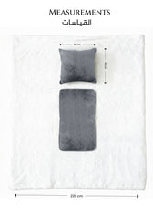Gray cushion and rectangular blanket on a white background with measurements indicated.