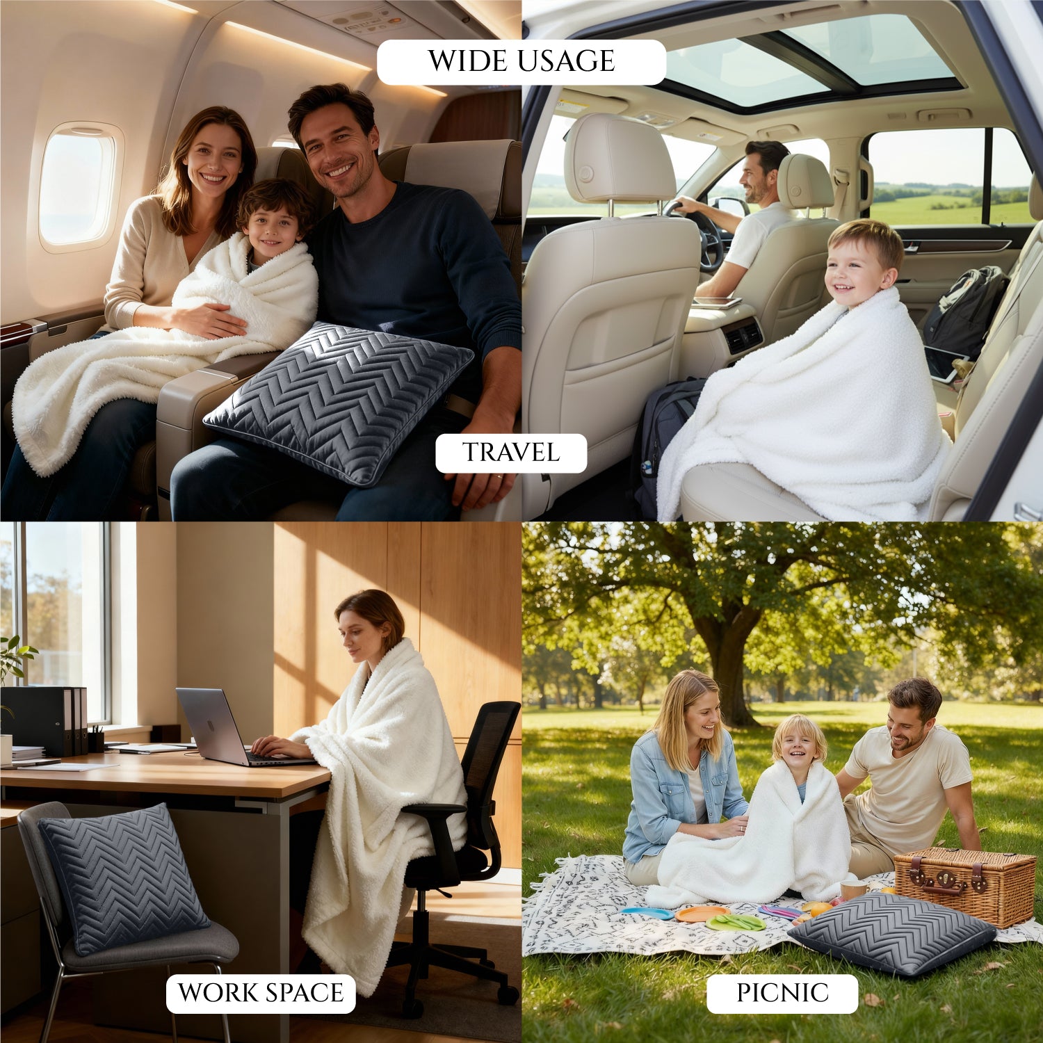 Collage of a blanket being used in various settings including travel, work space, and picnic.