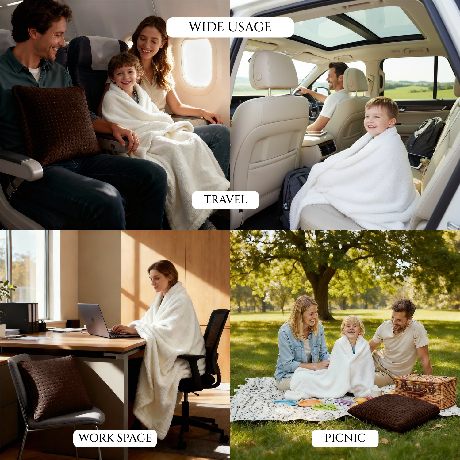 Collage of a blanket and cushion being used in various settings including travel, work space, and picnic.