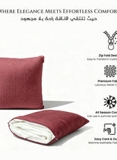 Red cushion and blanket set with features listed on a white background