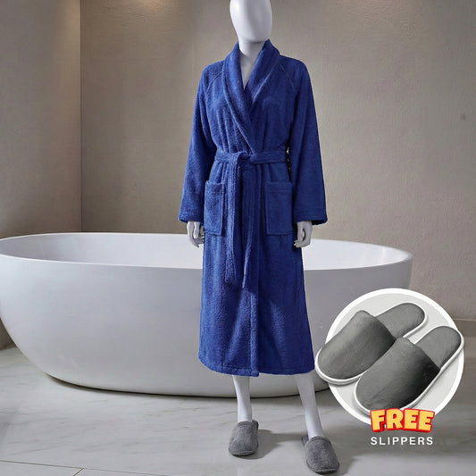 Premium Cotton Blue Terry Bathrobe with Pockets, One Size Fits All with Free Bath Slippers